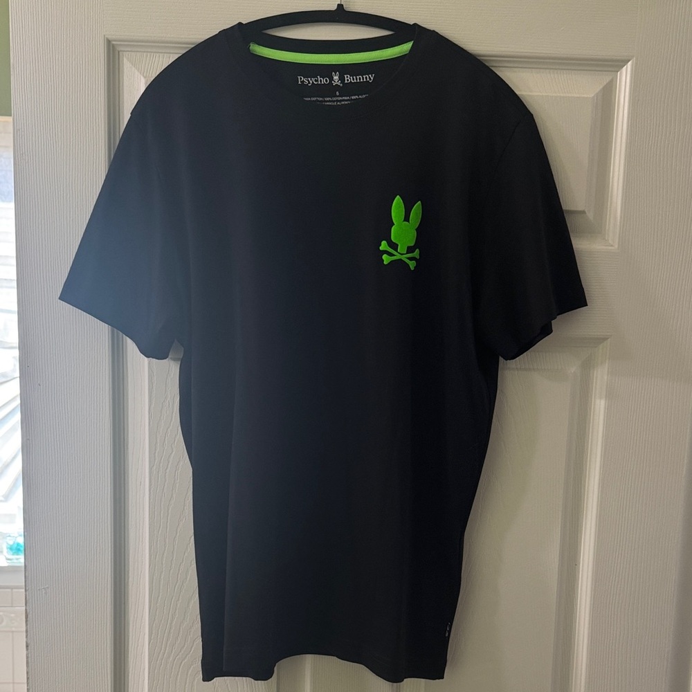Psycho Bunny Black Tee with Neon Green Logo